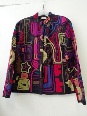 Chicos 0 Vintage Jacket Boho Artsy Embroidered Ribbon Snap Up Colorful Small